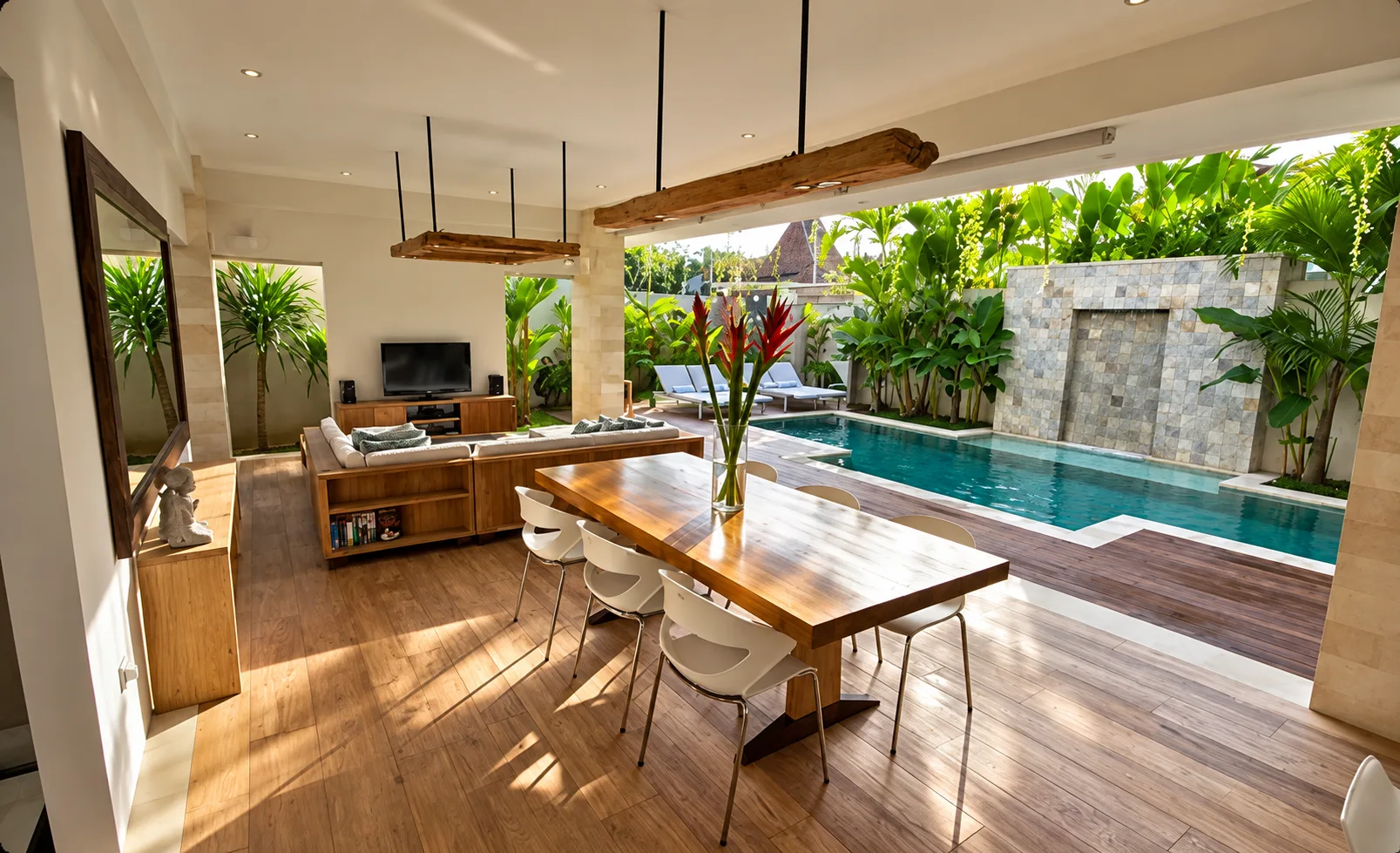 Bright villa living room opening onto the pool